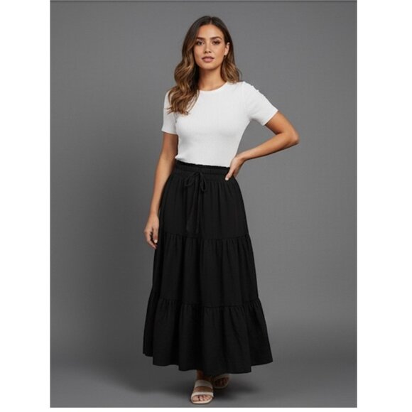 Black Boho Tiered Ruched Skirt - Picture 1 of 11